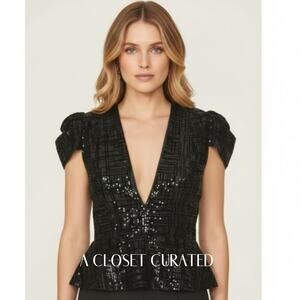 Haney Kylie Sequin Plunge Top 0 Black NWT